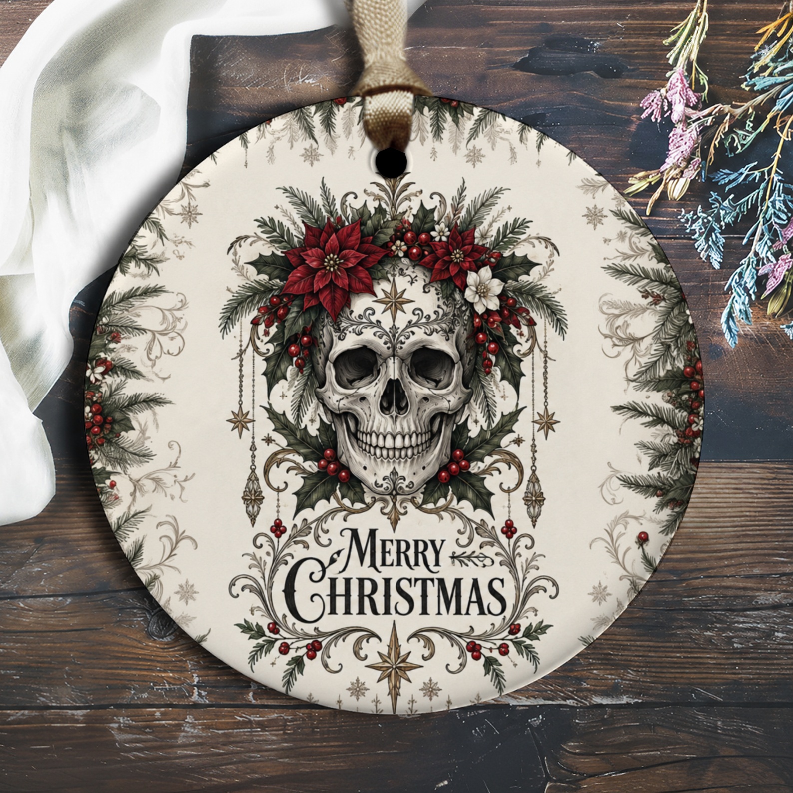 Merry Christmas Skull Ornament Gothic Holiday Decor Poinsettia Floral Unique Christmas Tree Decoration O3128