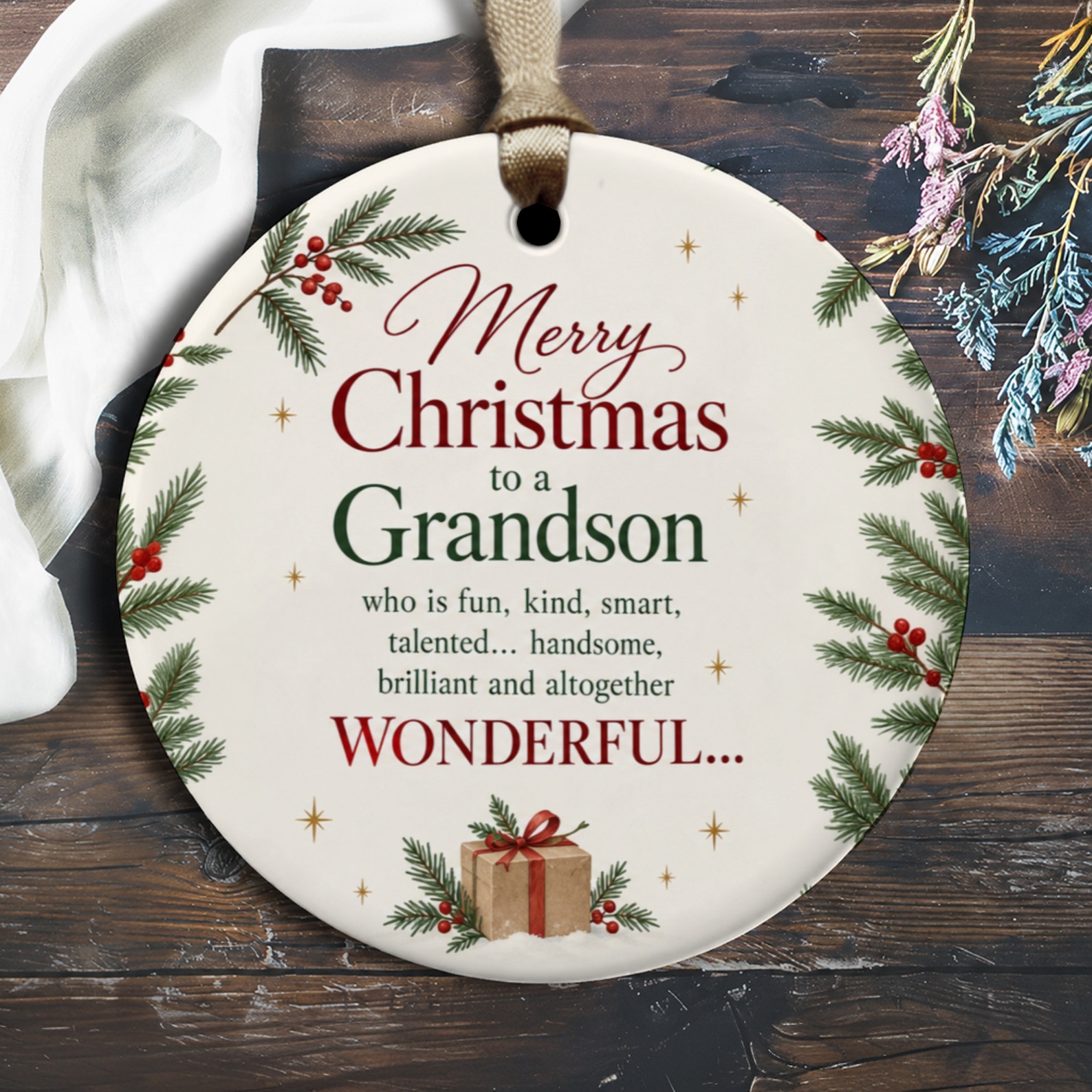Merry Christmas To A Grandson Ornament Festive Holiday Decoration Gift For Grandson Fun Kind Smart Talented Handsome O3130