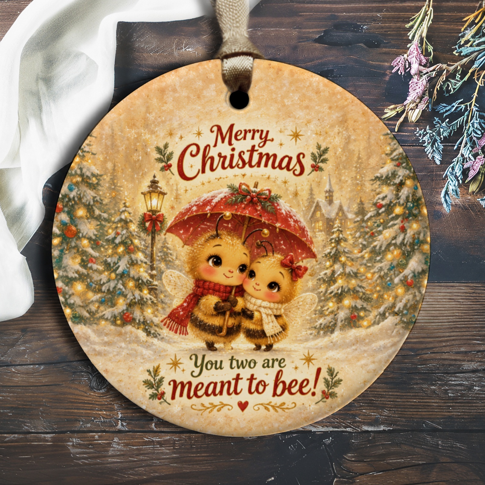 Merry Christmas You Two Are Meant To Bee Ornament Cute Bee Couple Holiday Decor Winter Scene Gift For Newlyweds O3139