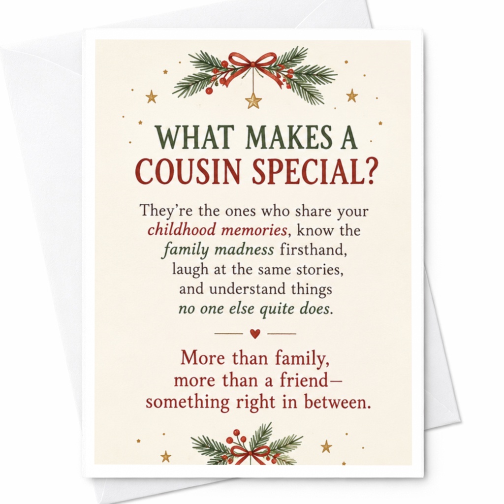 What Makes A Cousin Special? Christmas Card Festive Holiday Greeting For Cousin Sentimental Family Memories C7450