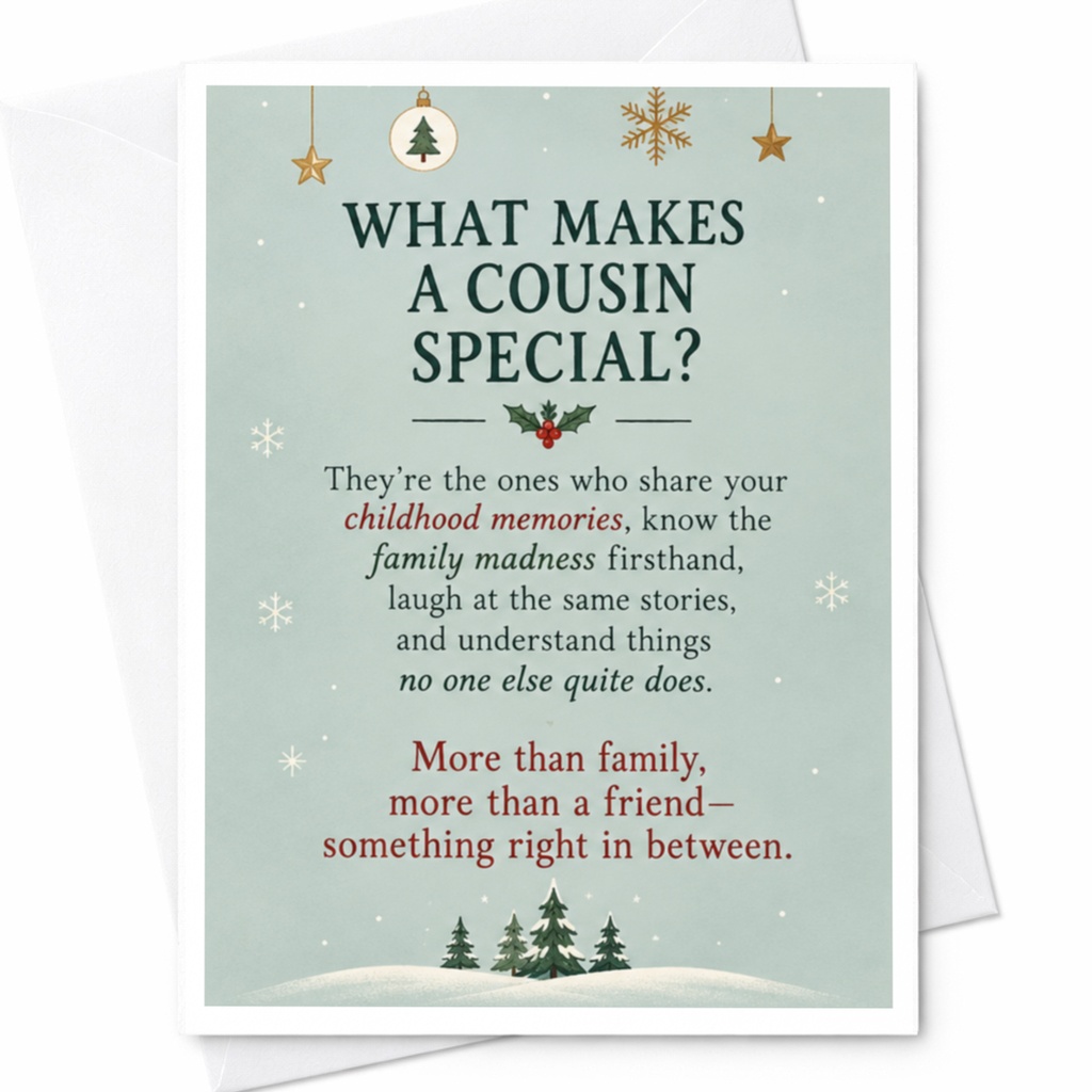 What Makes A Cousin Special? Christmas Card Holiday Greeting For Cousin Sentimental Family Memories Winter Theme C7451