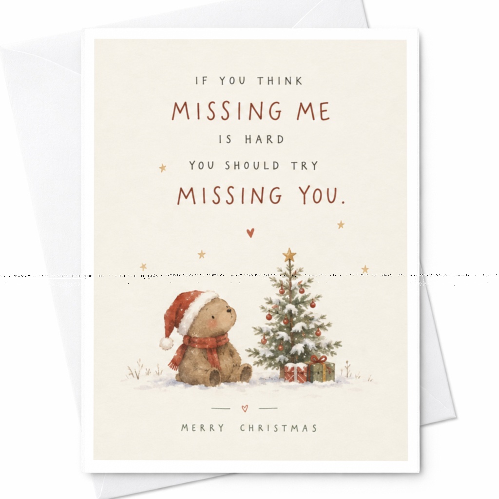 If You Think Missing Me Is Hard You Should Try Missing You. Merry Christmas Cute Bear Christmas Card Holiday Greeting Card For Lov C7452