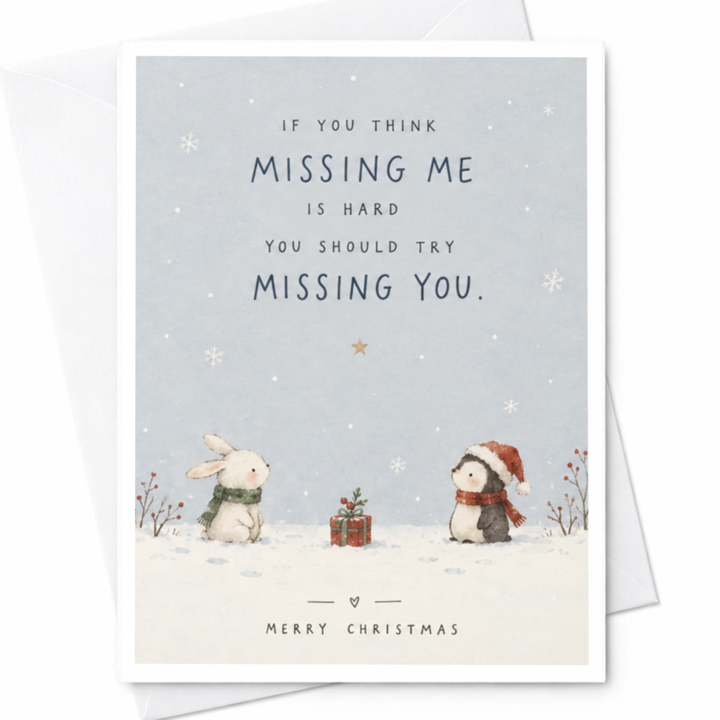 If You Think Missing Me Is Hard You Should Try Missing You. Merry Christmas Card Cute Bunny Penguin Holiday Card For Loved Ones C7453