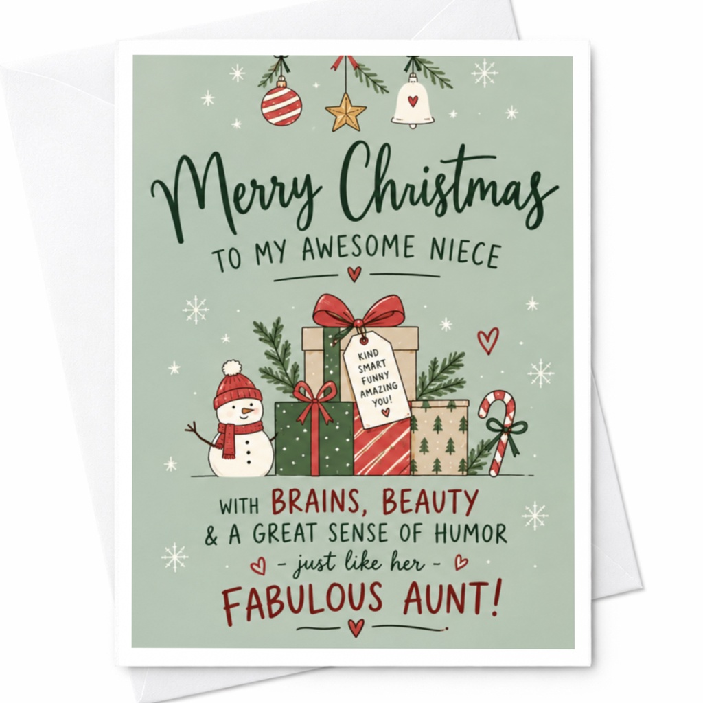 Merry Christmas To My Awesome Niece With Brains, Beauty & A Great Sense Of Just Like Her Fabulous Aunt Christmas Card C7455