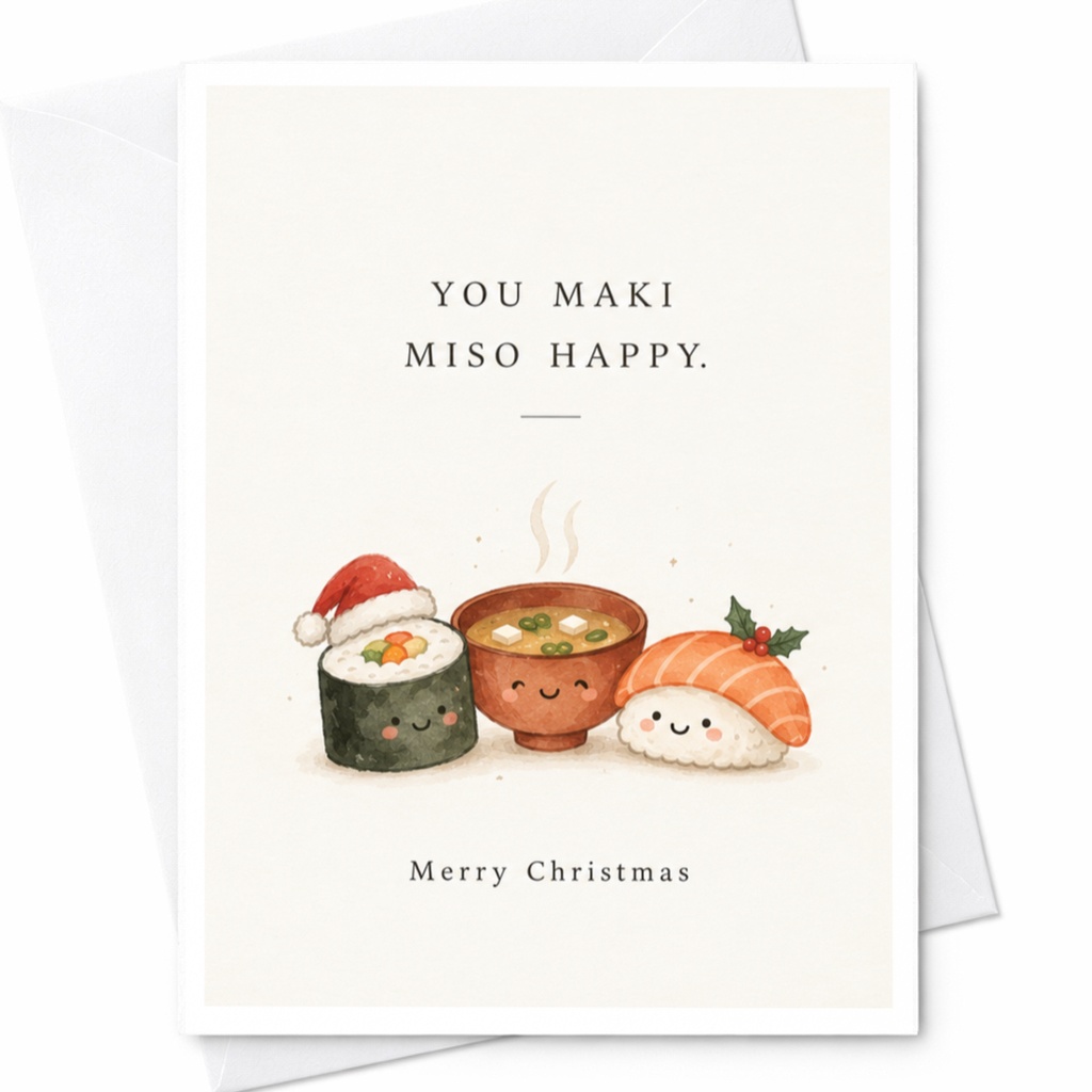 You Maki Miso Happy Merry Christmas Card Cute Sushi Holiday Greeting Card Funny Foodie Christmas Card For Friend C7456