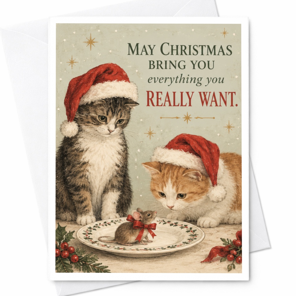 May Christmas Bring You Everything You Really Want Christmas Card Cute Cats Santa Hats Holiday Greeting Card For Cat Lover C7459