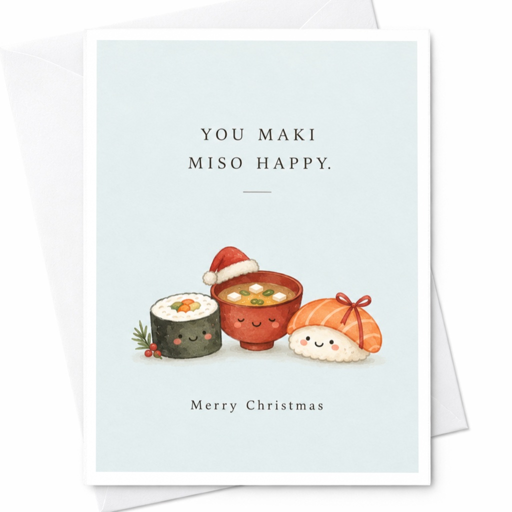 You Maki Miso Happy Merry Christmas Card Cute Sushi Illustration Funny Holiday Greeting Card For Food Lover C7457