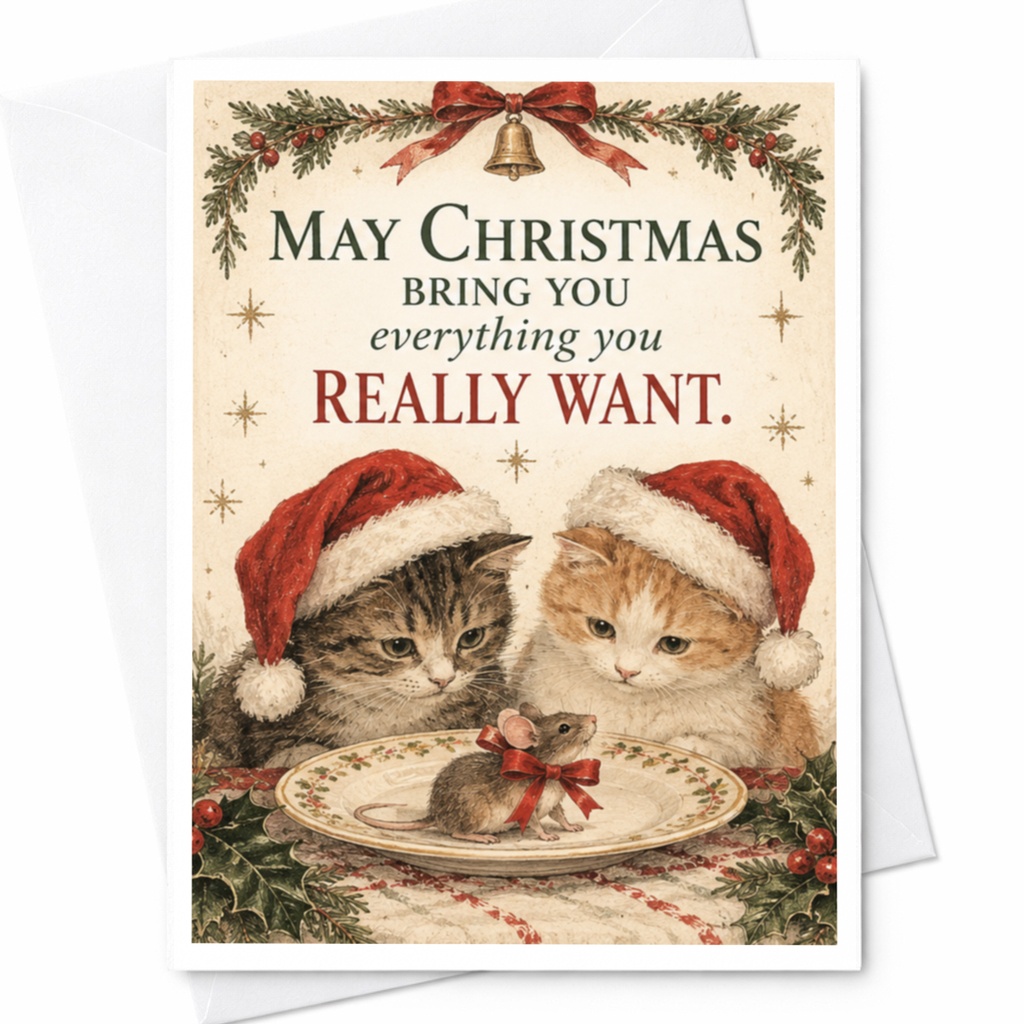 May Christmas Bring You Everything You Really Want Christmas Card Cute Cats Santa Hats Festive Holiday Greeting Card C7458