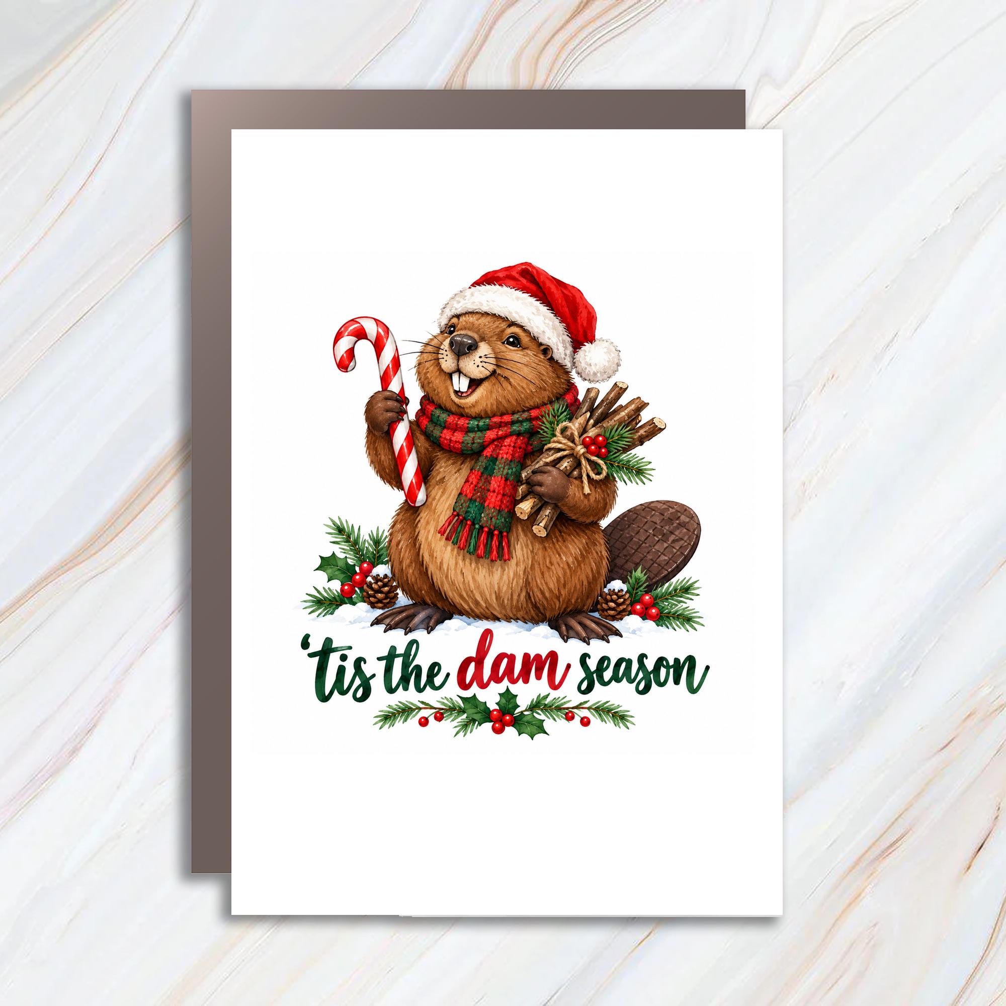Tis The Dam Season Funny Christmas Card Beaver With Candy Cane Holiday Greeting Card Cute Animal For Friends Family C1904