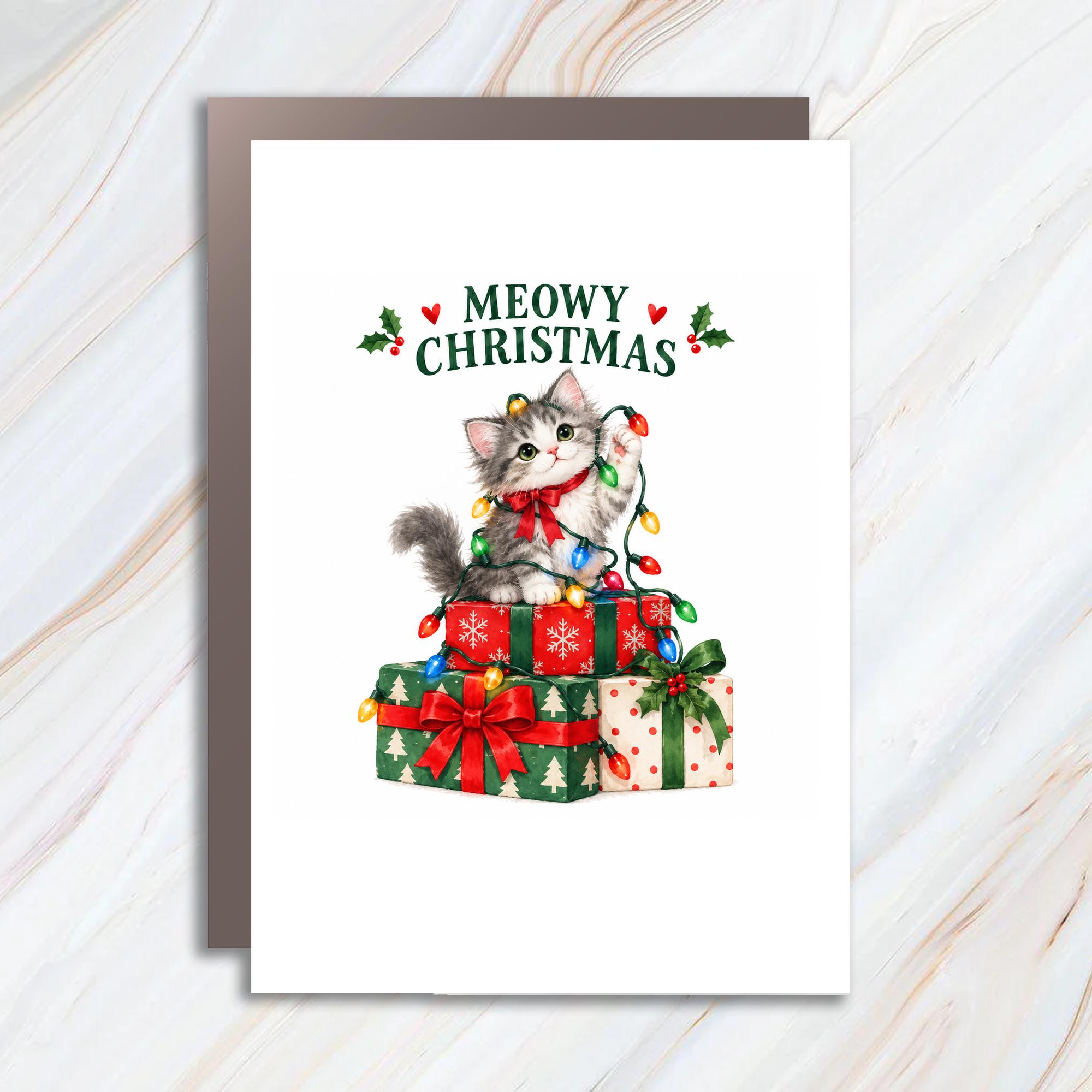 Meowy Christmas Cute Kitten Christmas Card Cat Lover Holiday Greeting Card Festive Lights And Gifts Adorable Cat Card C1905