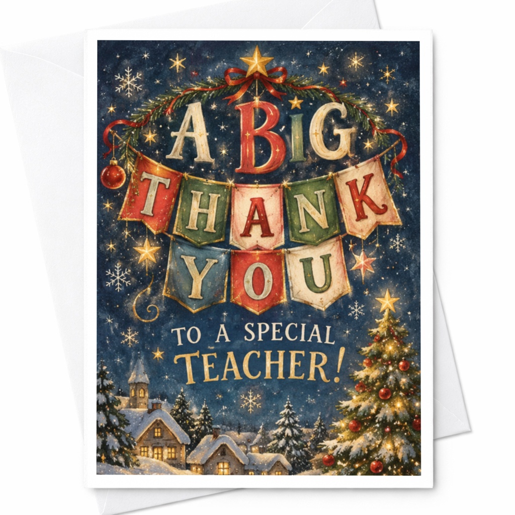 A Big Thank You To A Special Teacher! Festive Thank You Card Christmas Holiday Card For Teacher Appreciation C7470