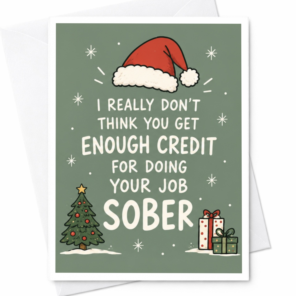 I Really Don't Think You Get Enough Credit For Doing Your Job Sober Funny Christmas Card Santa Hat Holiday Greeting Card C7472