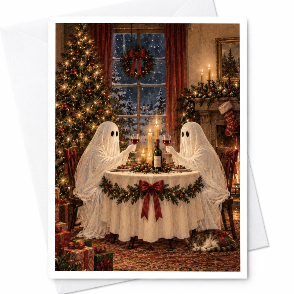 Ghosts Dining Christmas Card Cute Holiday Greeting Card Festive Spirits Winter Scene For Friends Family Unique Xmas Card C7475