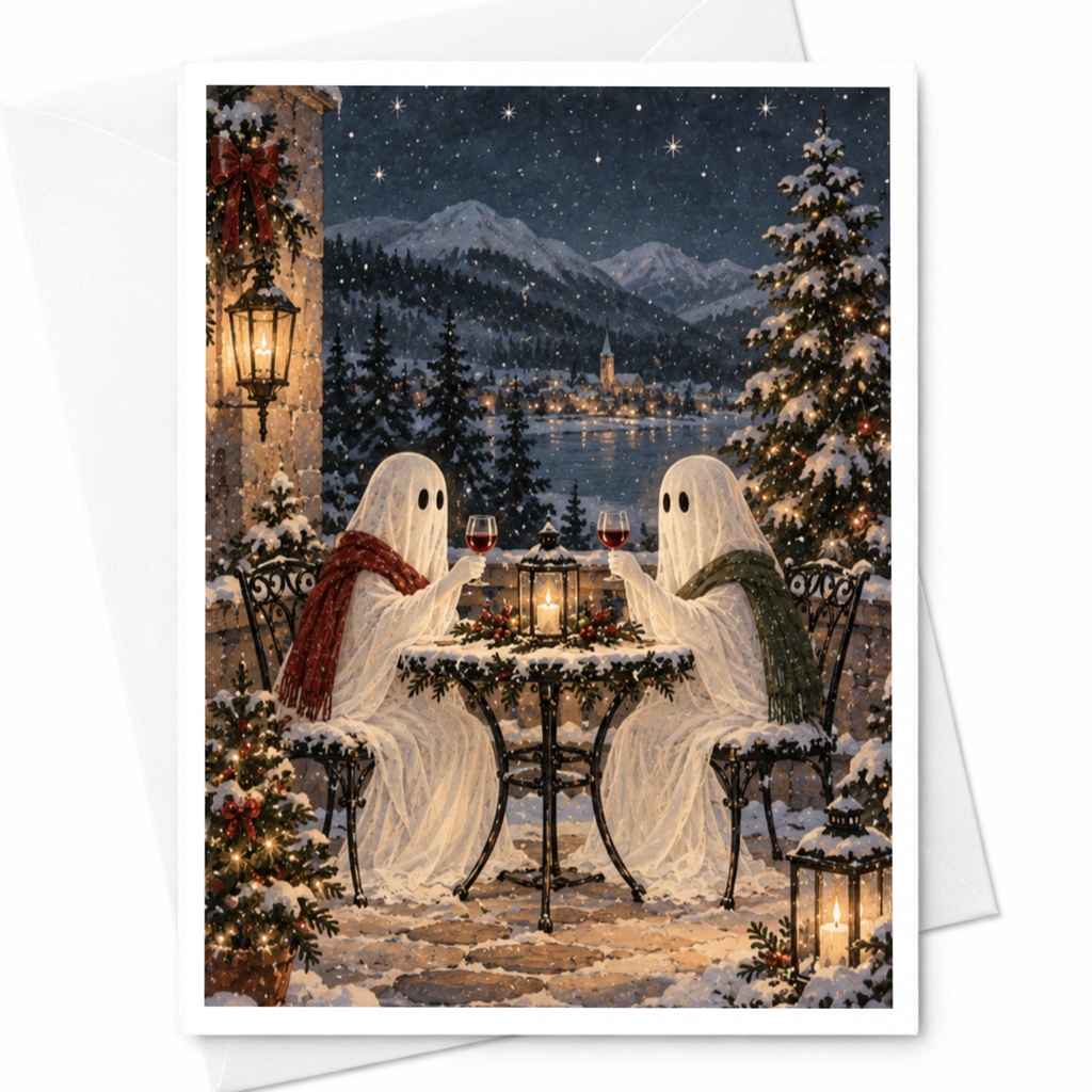 Ghost Couple Winter Scene Greeting Card Cute Holiday Card For Couple Christmas Card Romantic Winter Card Cozy Love Card C7476