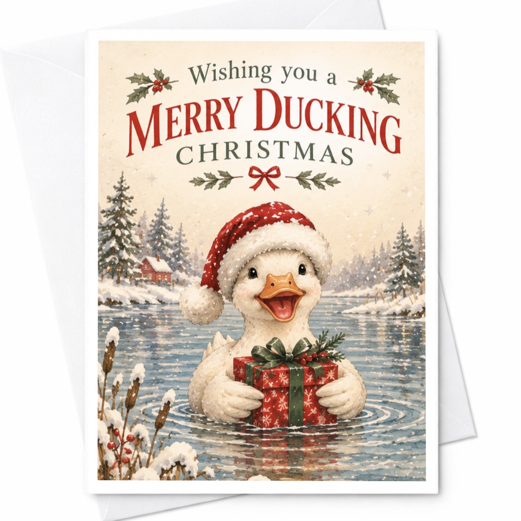 Wishing You A Merry Ducking Christmas Funny Christmas Card Cute Duck With Gift Holiday Greeting Card For Animal Lover C7483