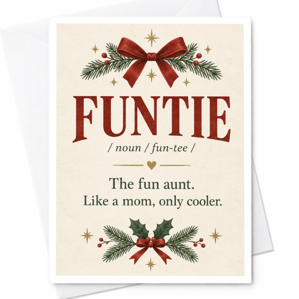Funtie The Fun Aunt Like A Mom Only Cooler Christmas Card Funny Holiday Card For Aunt Cute Festive Bow Holly C7485