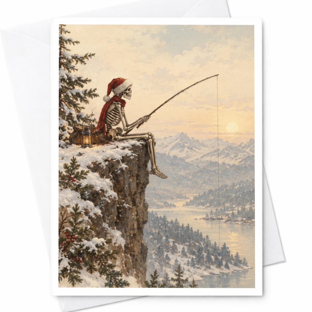 Skeleton Fishing Christmas Card Winter Landscape Greeting Card Funny Holiday Card For Him Unique Festive Card With Santa Hat C7495