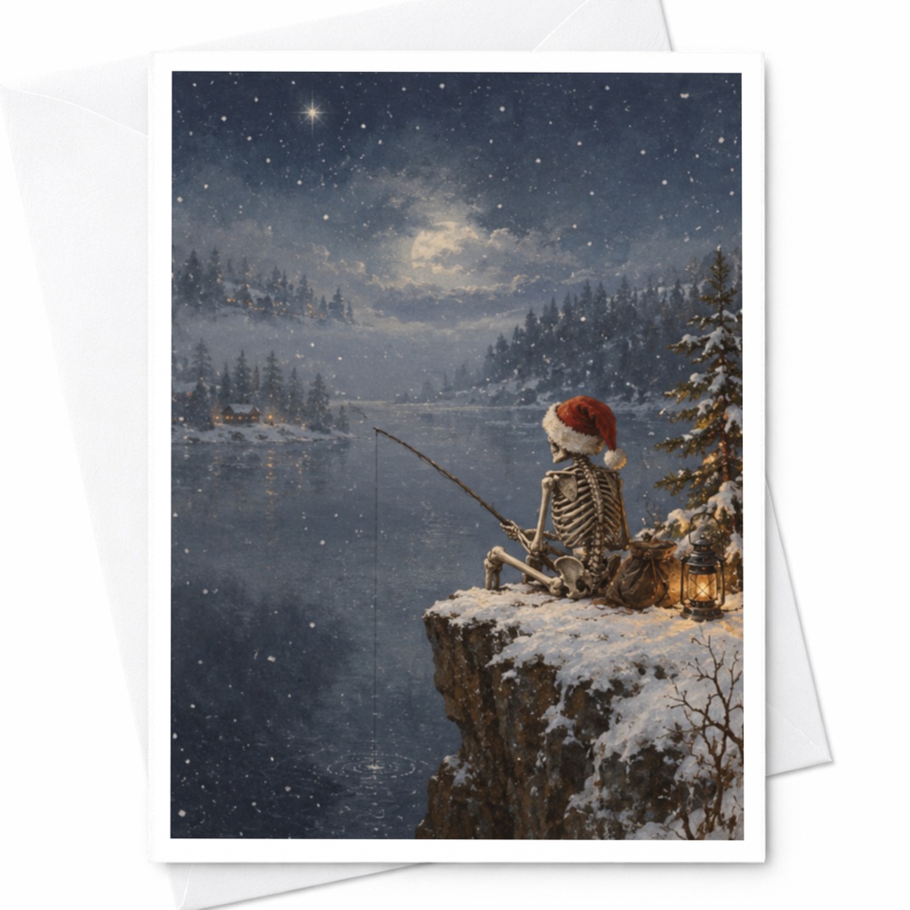Skeleton Fishing Christmas Card Winter Scene Holiday Greeting Card For Him Funny Santa Hat Snowy Landscape Unique Art C7496