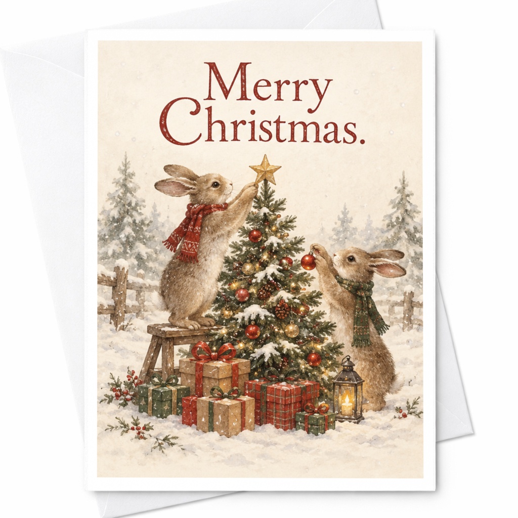 Merry Christmas Cute Bunnies Christmas Card Holiday Greeting Card Woodland Animals Festive Winter Scene For Family Friends C7501