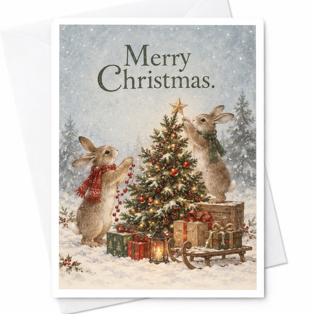 Merry Christmas Cute Bunnies Christmas Card Holiday Greeting Card Woodland Animals Winter Scene For Family Friends C7502
