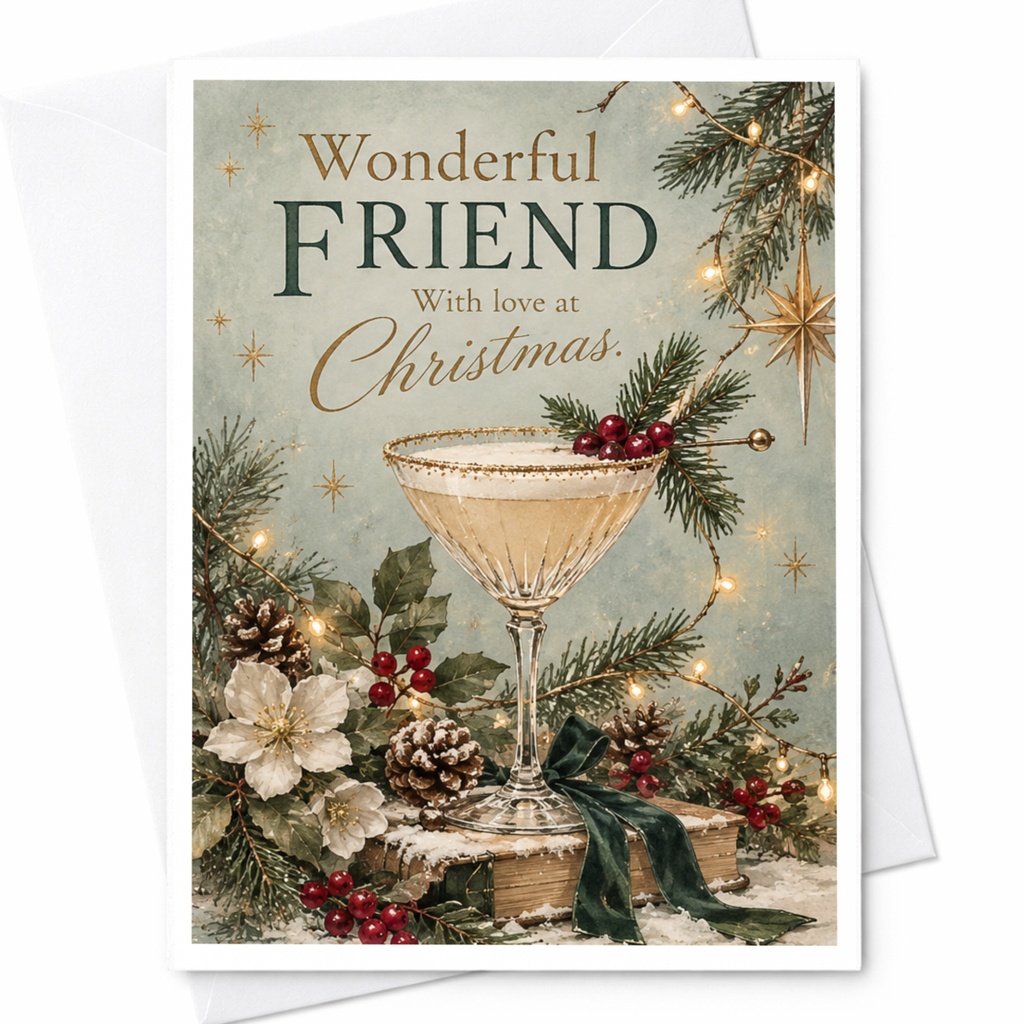Wonderful Friend With Love At Christmas Card Festive Holiday Greeting Card For Friend Elegant Christmas Card With Cocktail C7504