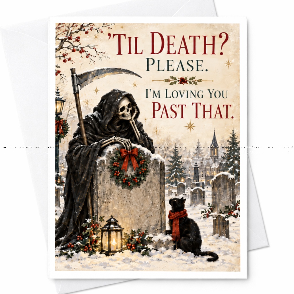 Til Death? Please. I'm Loving You Past That. Romantic Love Card Grim Reaper Cat Winter Scene Anniversary Card For Partner C7507
