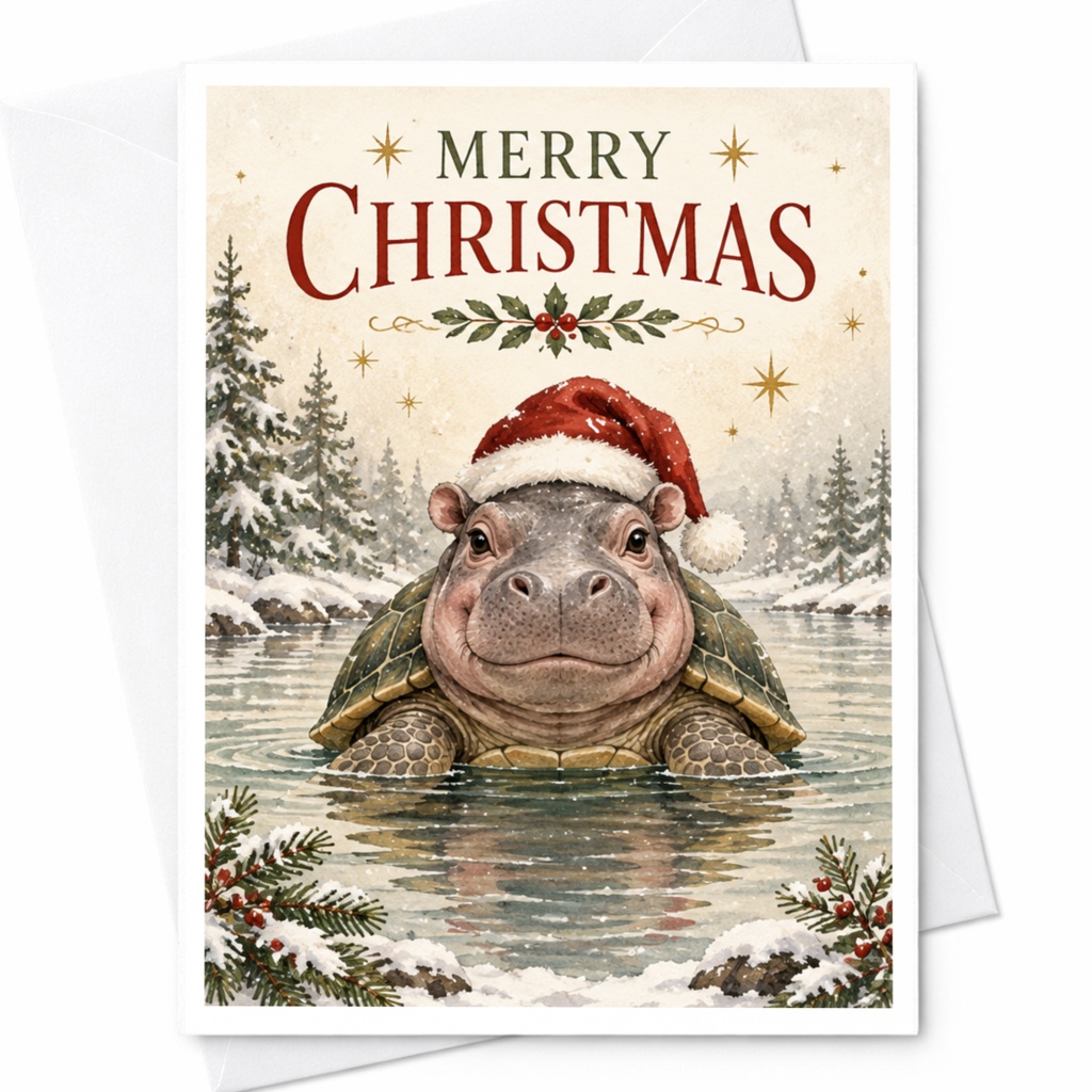 Merry Christmas Cute Hippo Christmas Card Animal Holiday Greeting Card Funny Santa Hat Card For Kids Family Friends C7513