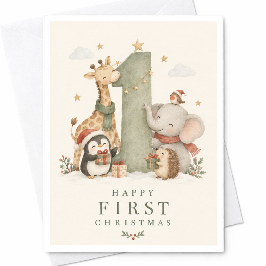 Happy First Christmas Cute Animal Card 1st Christmas Card For Baby Holiday Greeting Card Penguin Elephant Giraffe C7517