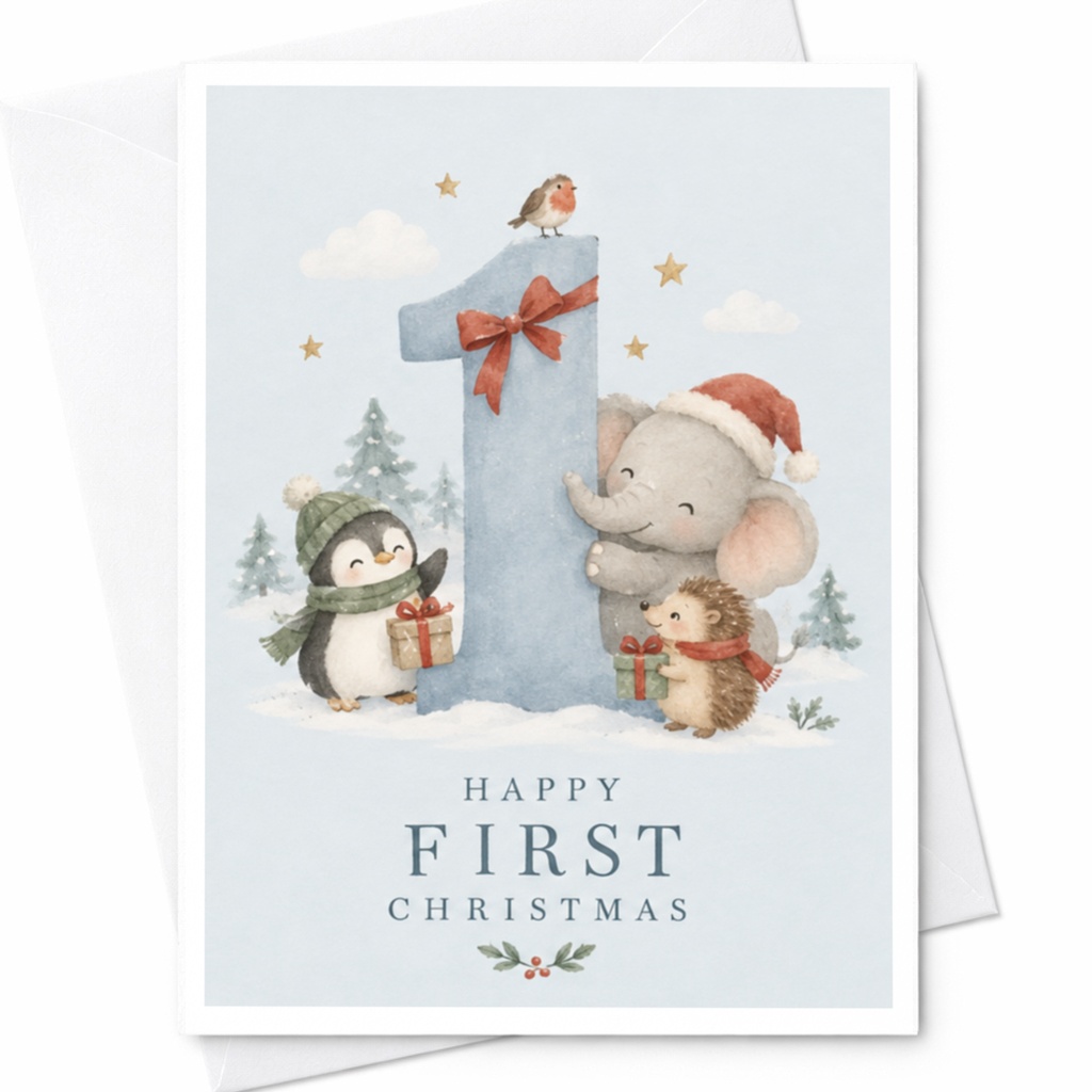 Happy First Christmas Cute Animal Card Baby's First Christmas Card Penguin Elephant Hedgehog Holiday Card For New Parents C7518