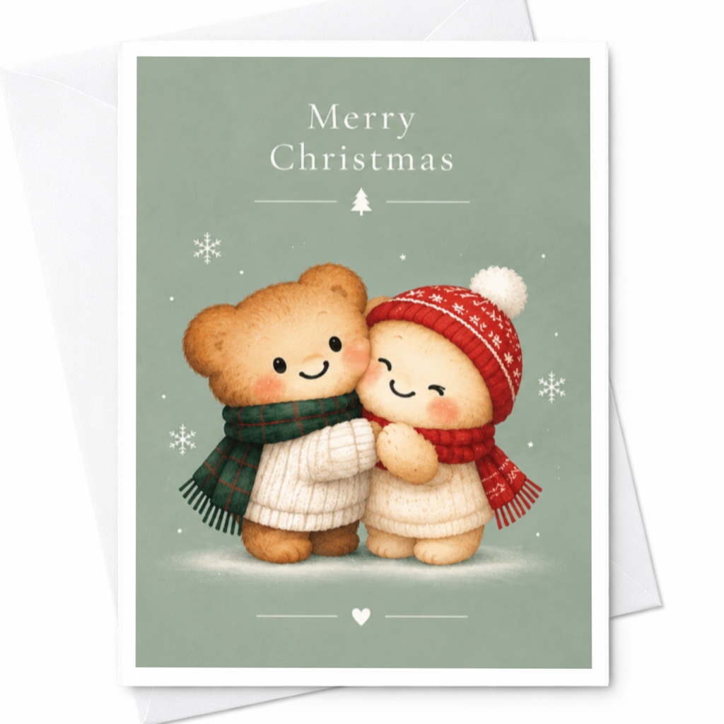 Merry Christmas Cute Bears Card Holiday Greeting Card Adorable Winter Scene For Kids Family Festive Christmas Card C7466