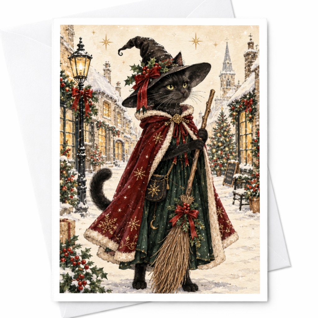 Festive Cat Christmas Card Cute Holiday Greeting Card For Cat Lover Winter Scene Animal Lover Card Whimsical Art C7467