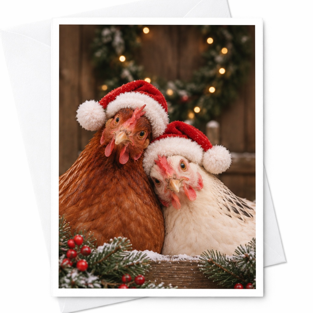 Chickens With Santa Hats Christmas Card Cute Holiday Greeting Card For Animal Lover Festive Farmhouse Style Winter Card C7520