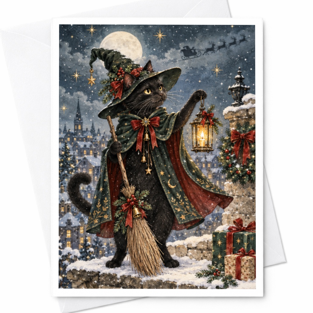 Black Cat Christmas Card Festive Holiday Greeting Card Cute Cat Lover Card Winter Scene With Lantern For Her Him C7468