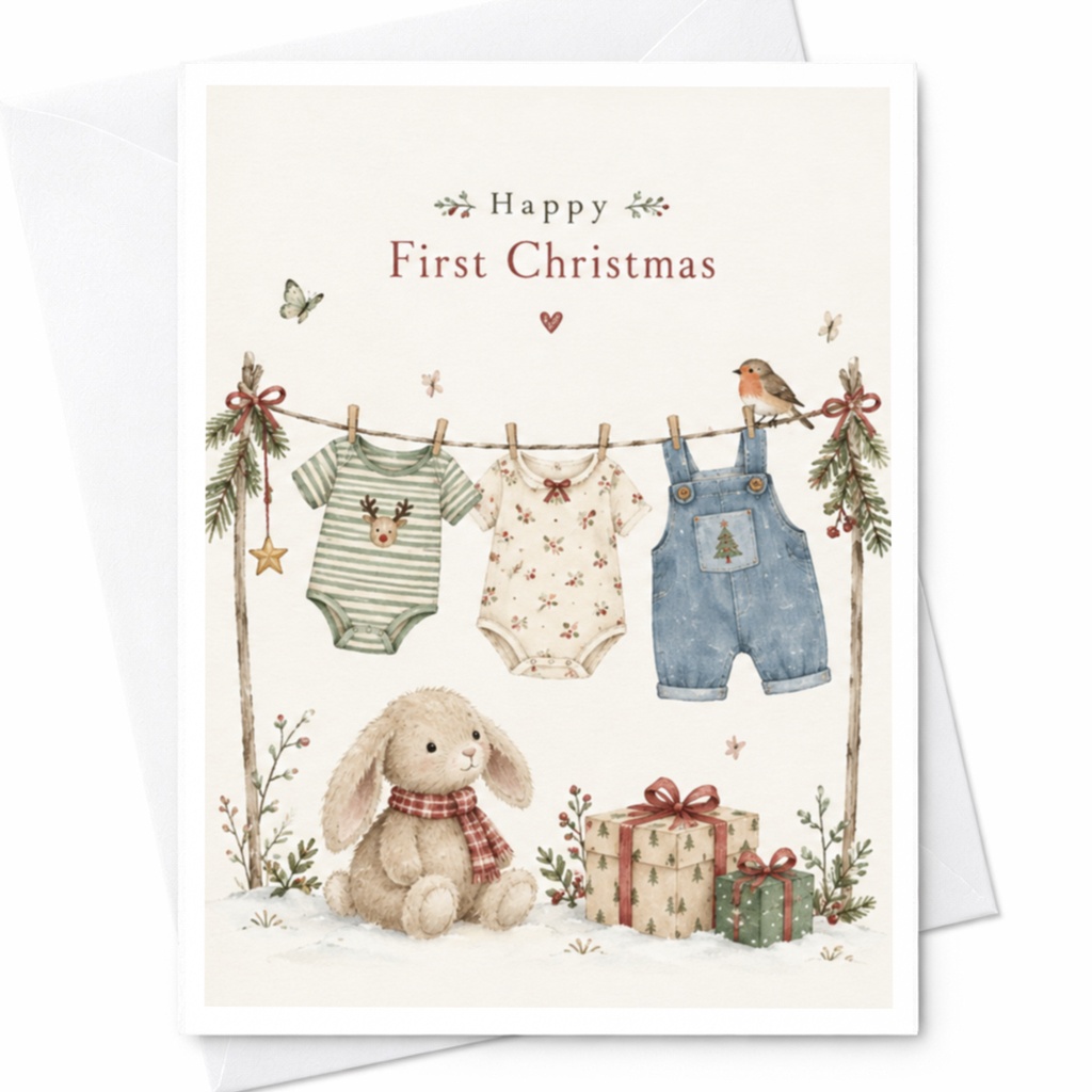 Happy First Christmas Baby's First Christmas Card Cute Holiday Card With Bunny And Gifts For New Parents C7521