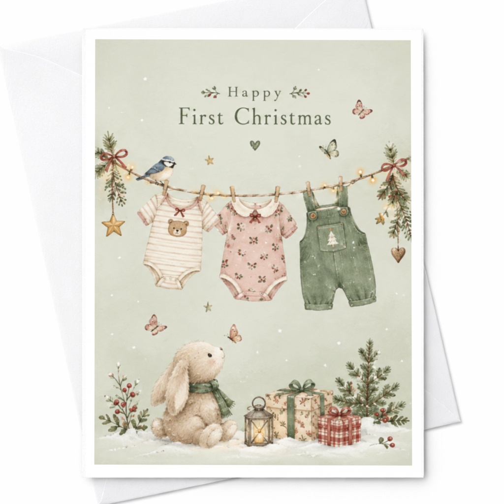 Happy First Christmas Baby's First Christmas Card Cute Holiday Card With Bunny And Baby Clothes Newborn Keepsake Card C7522