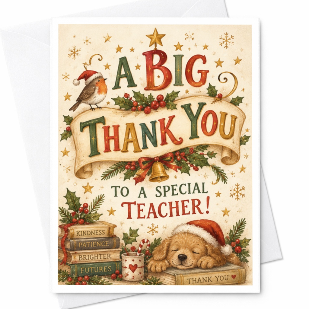 A Big Thank You To A Special Teacher! Festive Thank You Card Christmas Teacher Appreciation Cute Dog Robin C7469