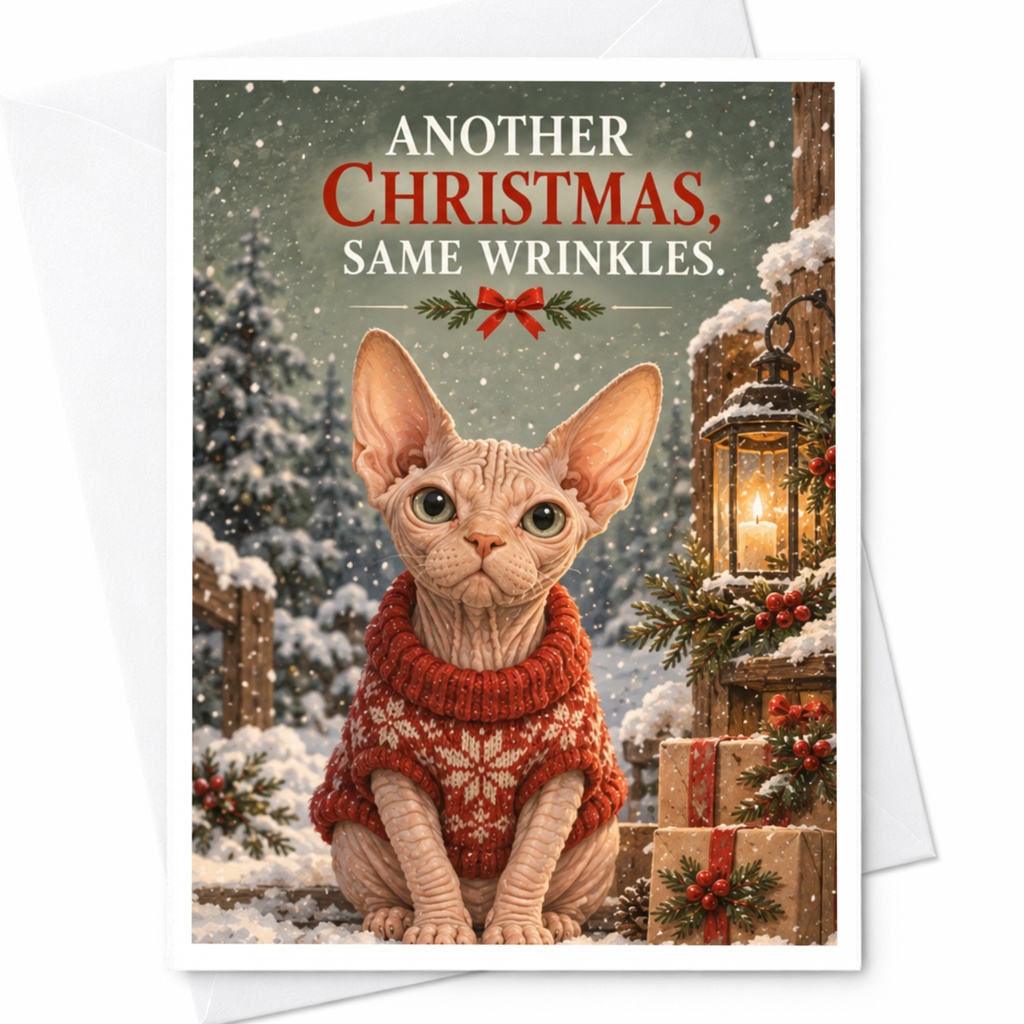 Another Christmas, Same Wrinkles. Funny Christmas Card Cat Lover Holiday Greeting Card Cute Sphynx Cat Festive Winter Card C7524