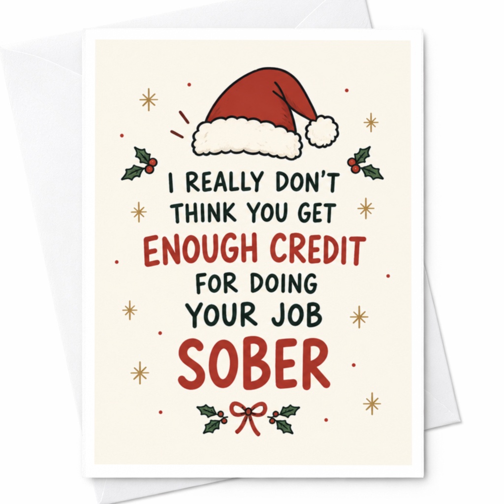 I Really Don't Think You Get Enough Credit For Doing Your Job Sober Funny Christmas Card Santa Hat Holiday Greeting C7471