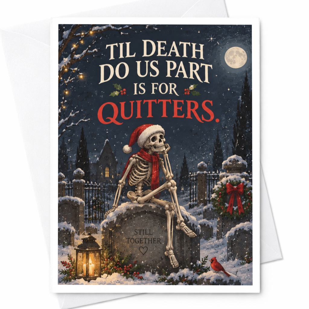 Til Death Do Us Part Is For Quitters Funny Christmas Card Skeleton Santa Hat Holiday For Couple Romantic Winter Card C7526