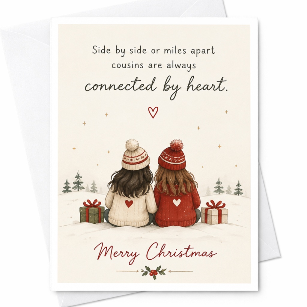 Side By Side Or Miles Apart Cousins Are Always Connected By Heart Merry Christmas Card For Cousin Cute Holiday Greeting C7531