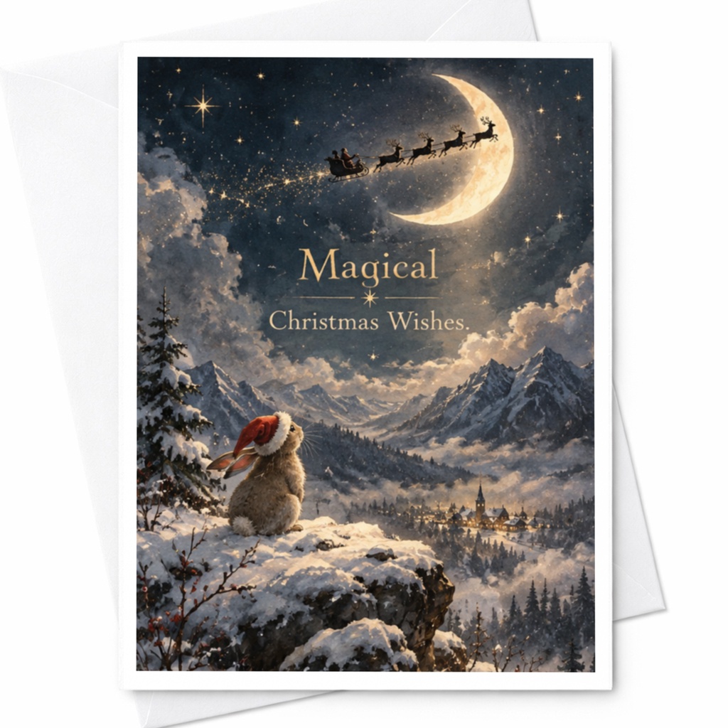 Magical Christmas Wishes Card Cute Holiday Greeting Card Rabbit In Santa Hat Winter Wonderland Scene Festive Xmas Card C7534