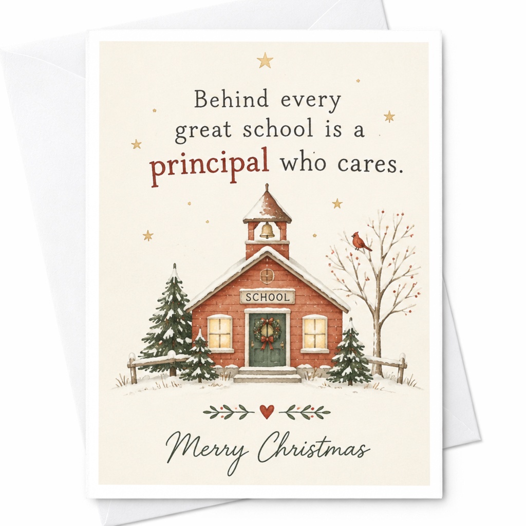 Behind Every Great School Is A Principal Who Cares Merry Christmas Card Schoolhouse Holiday Card For Principal Teacher C7537