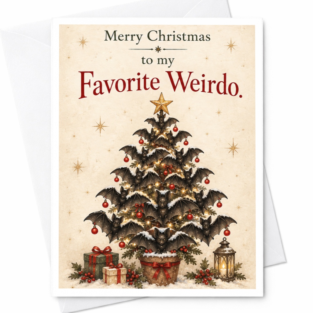Merry Christmas To My Favorite Weirdo Funny Christmas Card Bat-Themed Tree Holiday Greeting Card For Friend Unique Xmas C7541
