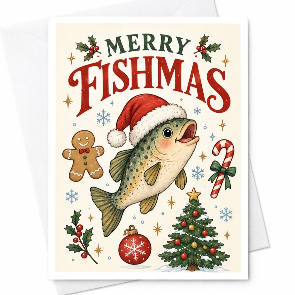 Merry Fishmas Funny Christmas Card Fish With Santa Hat Holiday Greeting Card For Fisherman Cute Festive Card C7487