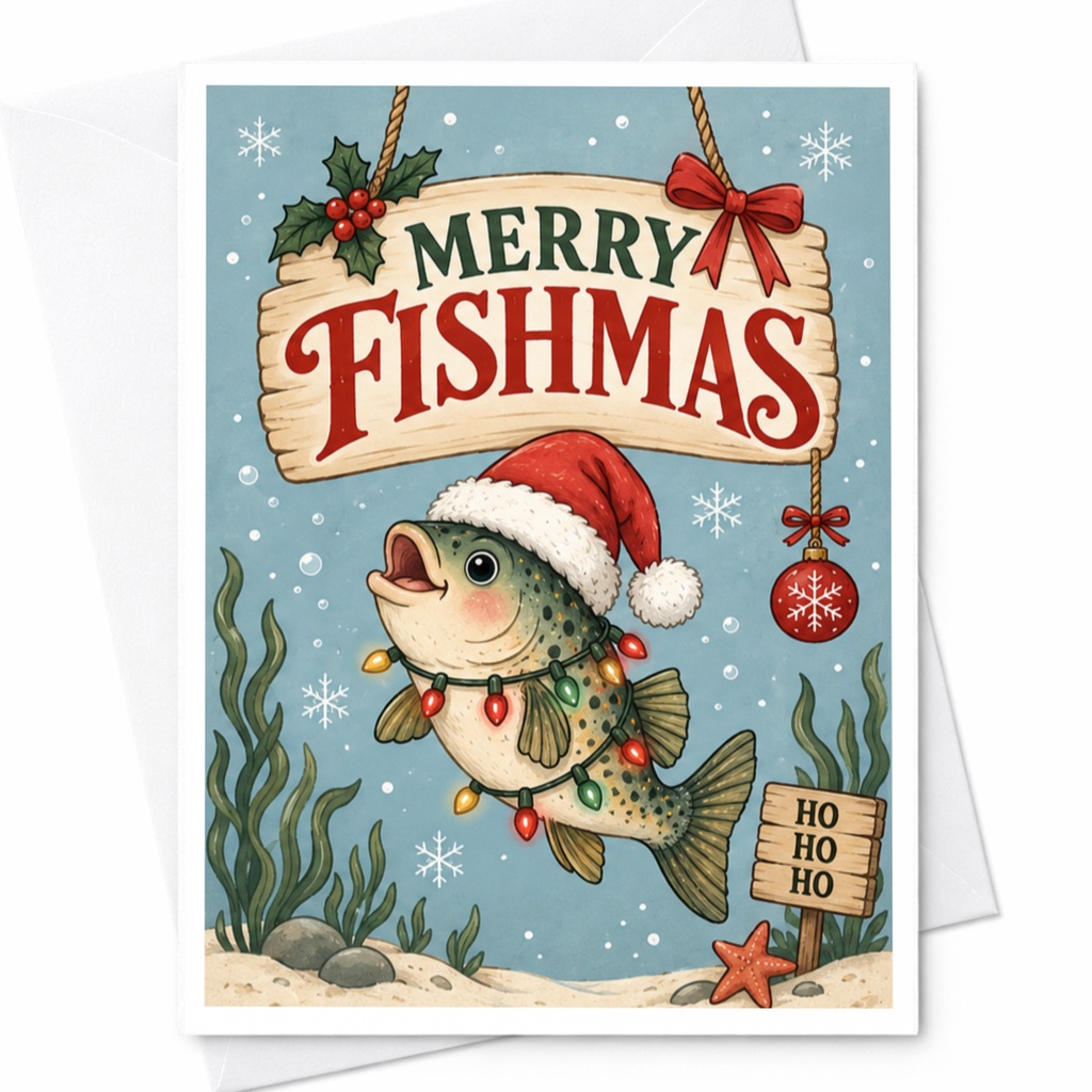 Merry Fishmas Funny Christmas Card Fish With Santa Hat Holiday Greeting Card For Fisherman Cute Festive Card C7488