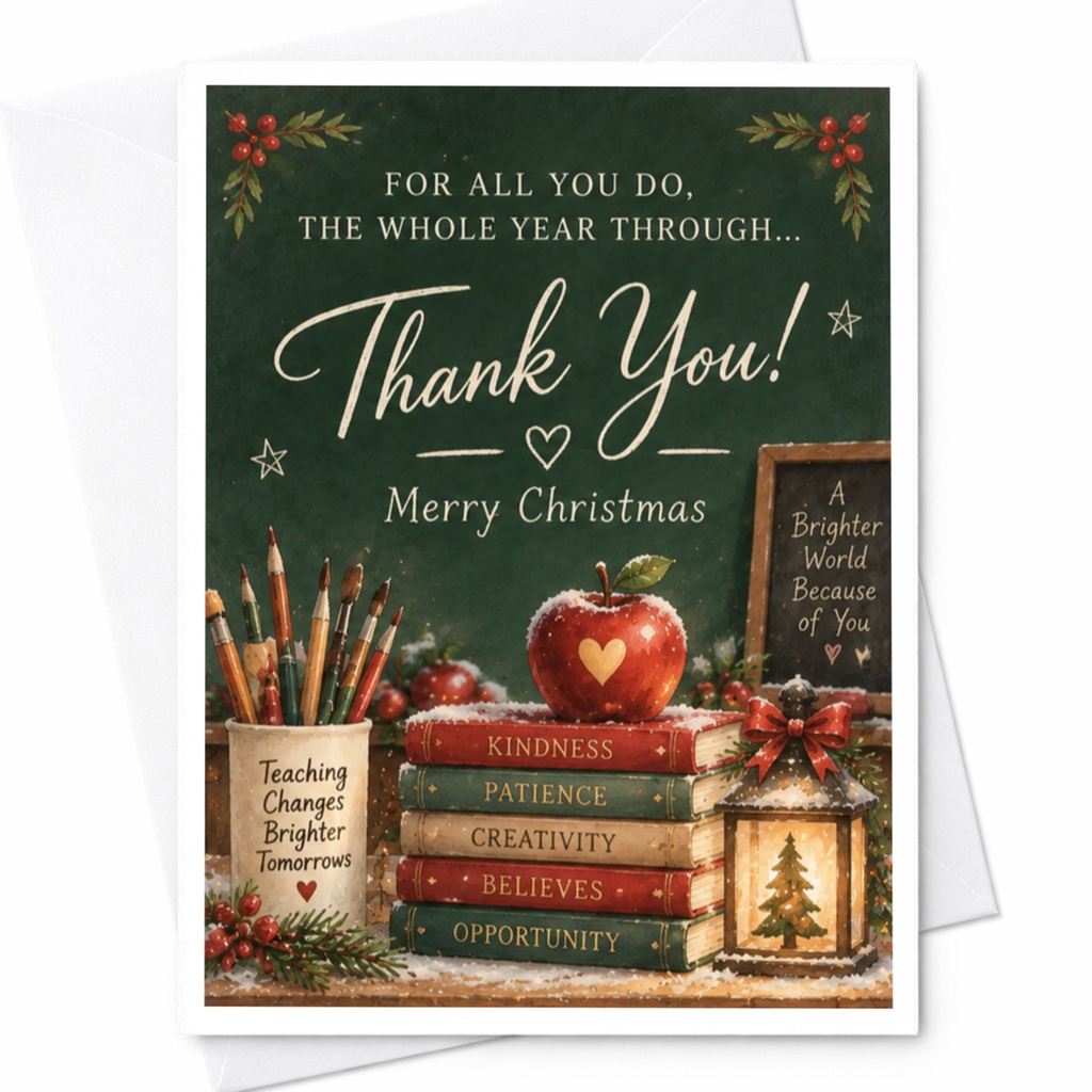 For All You Do, The Whole Year Through... Thank You! Merry Christmas Teacher Christmas Thank You Card Holiday Appreciation Card C7546