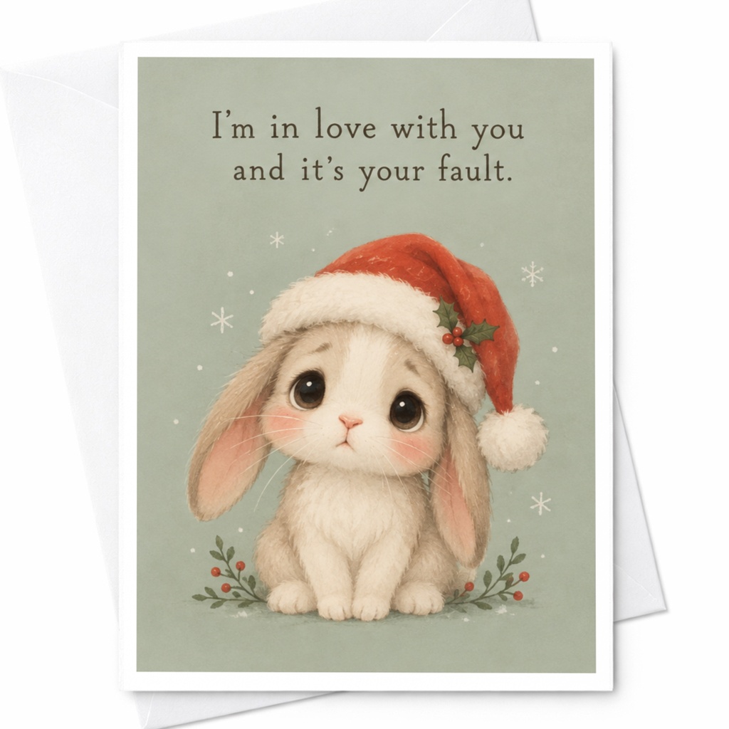 I'm In Love With You And It's Your Fault. Christmas Card Cute Bunny Santa Hat Romantic Holiday Card For Partner Sweet C7492