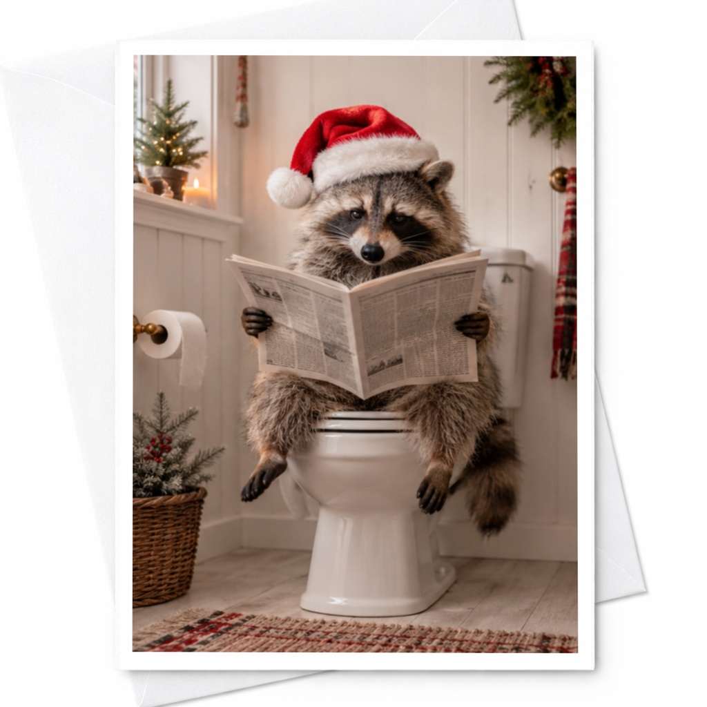 Raccoon With Santa Hat Christmas Card Funny Holiday Greeting Card Cute Animal For Friends Family Festive Season C7493