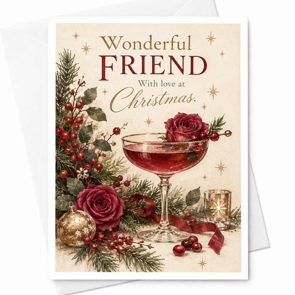 Wonderful Friend With Love At Christmas Card Festive Holiday Greeting Card For Friend Elegant Floral With Cocktail C7503