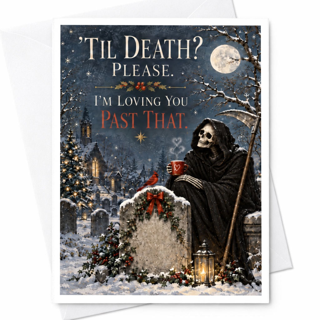 Til Death? Please. I'm Loving You Past That. Romantic Love Card Skeleton Gothic Anniversary Card For Partner Cute Winter Scene C7508